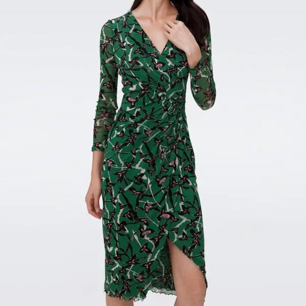DVF - Charlotte Mesh Dress in Clover Twigs Green
